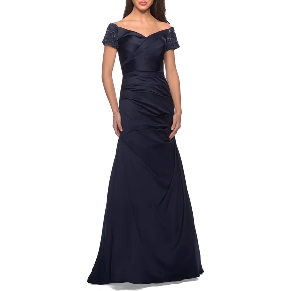 La FEMME Off the Shoulder Beaded Satin Trumpet Gown ❤️IN STORES❤️